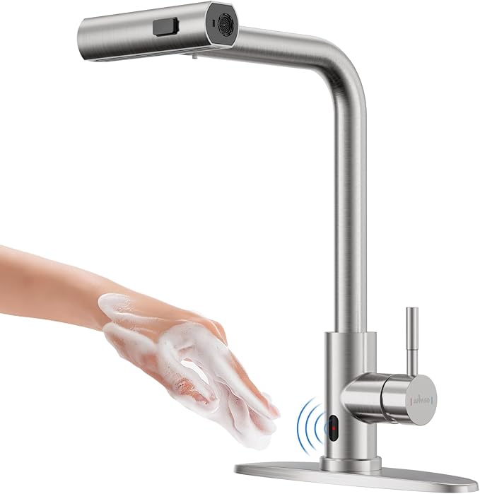 APPASO Touchless Kitchen Faucet with Pull Down Sprayer, Waterfall Motion Sensor Kitchen Sink Faucet Touchless, Brushed Nickel Stainless Steel Single Handle Hands-Free Sink Faucet