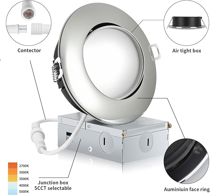 Chrome 4 Inch Led Recessed Lights 6 Pack,Ajustable Led Eyeball Gimbal Light,4 Inch Ceiling Light with Junction Box,5CCT Selectable,9W 750LM,Dimmable,ETL Listed
