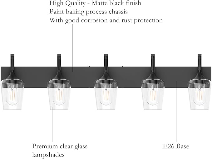Ralbay Matte Black Bathroom Light Fixtures 5-Lights Industrial Black Vanity Lights Clear Glass Vintage Edison Matte Black Wall Mount Light Fixture for Bathroom