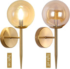 SeeU Gold Wall Sconces Mid Century Style Set of 2,Brass Wall Lamp Fixture,Vanity Light Fixture Wall Lamp with Amber Globe