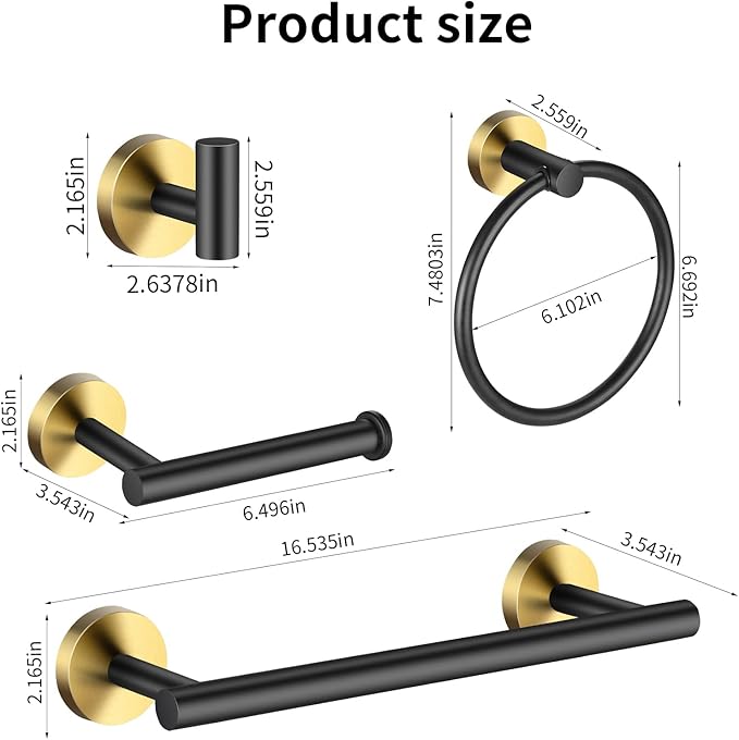 Bathroom Hardware Set Black and Gold，Towel Bar Set Including 2pcs 16inch Towel Bars, 2pcs Toilet Paper Holders, 2pcs Towel Rings and 4pcs Robe Towel Hooks