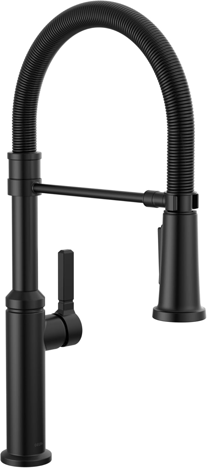 Delta Rhett Pro Style Commercial Kitchen Faucet with Pull Down Sprayer, Single Hole Matte Black Kitchen Sink Faucet, Single Handle, Matte Black 18829-DST