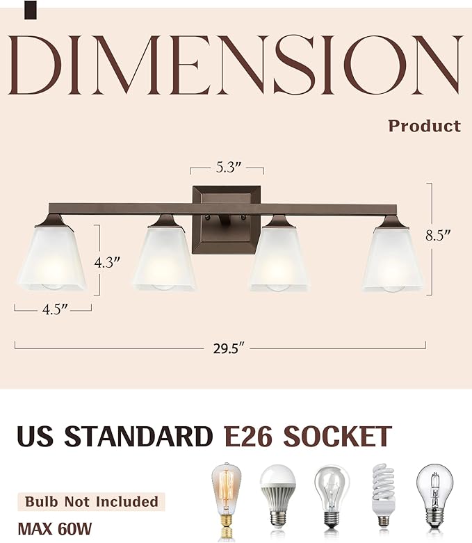 Bathroom Lighting Fixtures, HWH 4-Light Farmhouse Bathroom Vanity Light Over Mirror, Vanity Wall Sconce Oil-Rubbed Bronze Finish with Frosted White Square Glass, 5HY68BG1-4W ORB