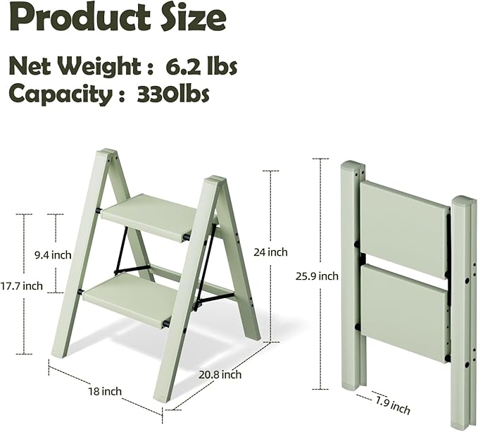 Taranta 2 Step Ladder,Aluminum Lightweight Folding 2 Step Stool with Anti-Slip Wide Pedal,330lbs Capacity Step Ladder for Household,Kitchen,Office - Fairyland Green