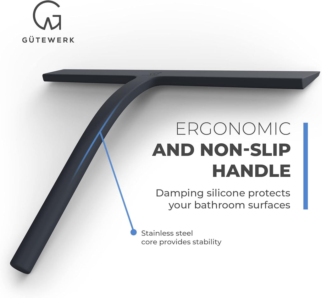 GÜTEWERK Shower Squeegee for Glass Doors, Silicone Window Squeegee, Bathroom and Glass Cleaning - Black - 11 Inch