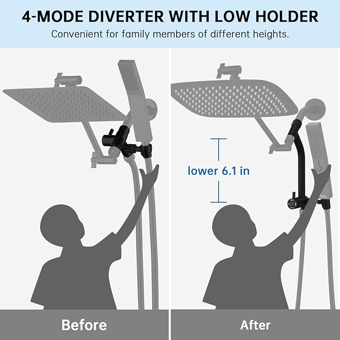 G-Promise All Metal 12 Inch Shower Head with Massage Mode Handheld, Rain Shower Head with Handheld Spray Combo, 3-Way Diverter with Pause Setting, 11 Inch Adjustable Extension Arm (Matte Black)