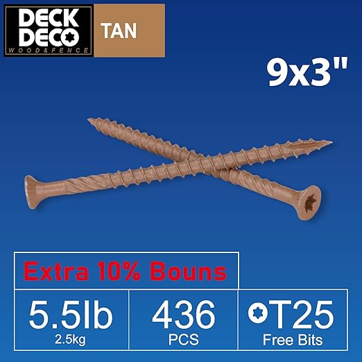 Wood Screws #9 x 3 436pcs(Approx), Tan Ruspert Coating Exterior Deck Screws, Torx/Star Drive Flat Head,Twist Shank, Cut Tip/Thread, Bit Included, 5.5 lb/Box