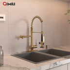 GIMILI Commercial Kitchen Faucet with Pull Down Sprayer, Double Headed Single Handle High Pressure Kitchen Faucet with Soap Dispenser Brushed Gold