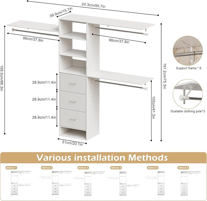 PAKASEPT 96 Inches Closet System with Drawers, 8FT Closet Organizer System with 3 Hanging Rods, Wall Mount Bedroom Wardrobe with 3 Drawers Walk-in Closet, Adjustable Cloth Garment Rack from 5 to 8FT