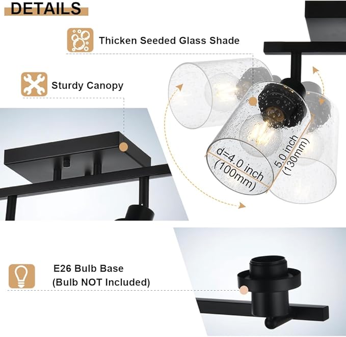 2-Light Wall Sconce Spotlight Fixtures, Matte Black Track Lighting Kit Flush Mount Ceiling Light for Kitchen Over Mirror Foyer, Seeded Glass Shade