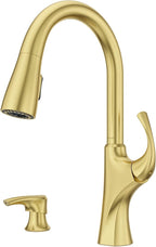 Pfister Miri 2.0 Kitchen Faucet with Pull Down Sprayer and Soap Dispenser, Single Handle, High Arc, NSF Certified, Brushed Gold Finish, F5297MRRBG