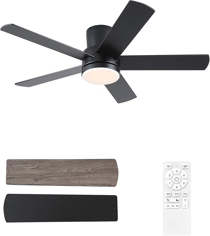 42 Inch Black Ceiling Fan with Light Flush Mountand Remote Control,Dimmable 3 Color Temperatures LED Ceiling Fan,6 Speeds Reversible DC Motor,5 Blades Modern Ceiling Fans for Indoor or Covered Outdoor