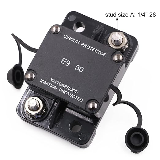 T1 50A Amp Automotive Circuit Breaker Auto Reset No Switch Button for Boat, Car Audio, Solar System, Battery Protection 12V-32V DC IP67