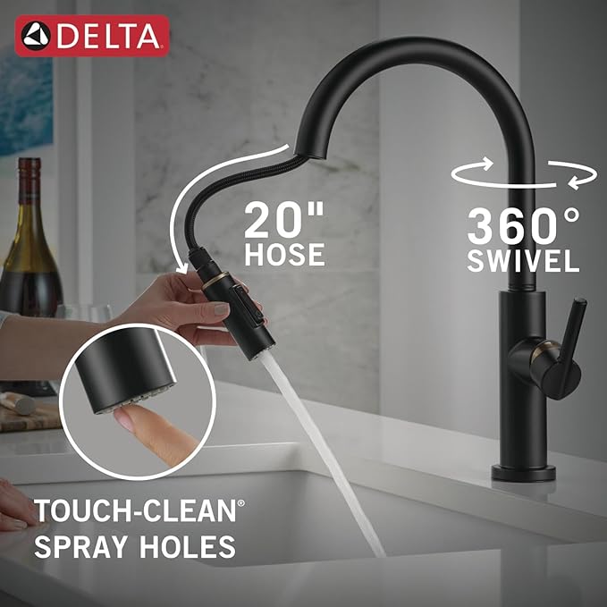 Delta Faucet Nicoli Kitchen Faucet with Pull Down Sprayer, Black and Gold Kitchen Sink Faucet, Modern Kitchen Faucet, Single Hole Kitchen Faucet, Matte Black/Champagne Bronze 19867LF-GZ
