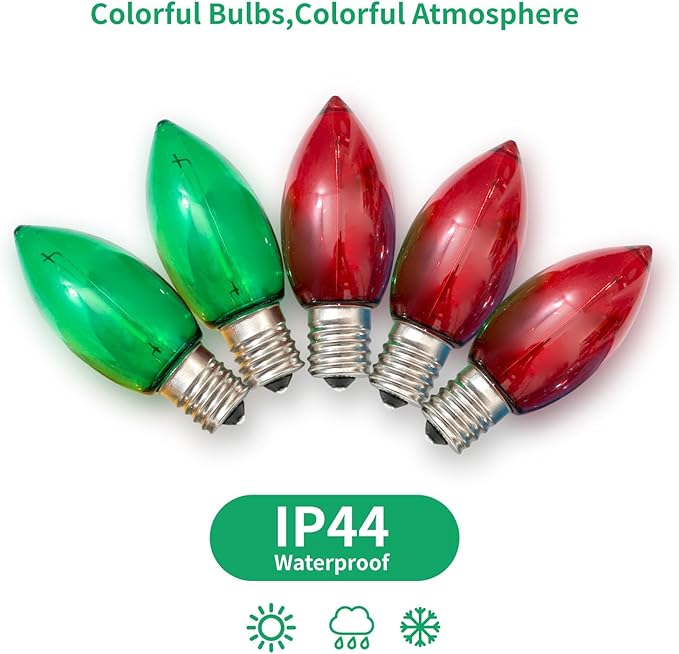 Meconard C9 Led Replacement Christmas Light Bulbs, C9 Shatterproof Led Bulbs for Christmas Indoor Outdoor String Lights, Mini Bulb Intermediate E17 Base Decor Red Light Bulbs Green Light Bulb, 25 Pack
