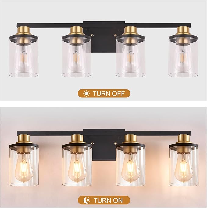 4-Lights Bathroom Vanity Light Fixtures, Modern Black Wall Lamp Over Mirror with Clear Glass Shade for Living Room, Hallway, Kitchen,Toilet, Cabinet Porch