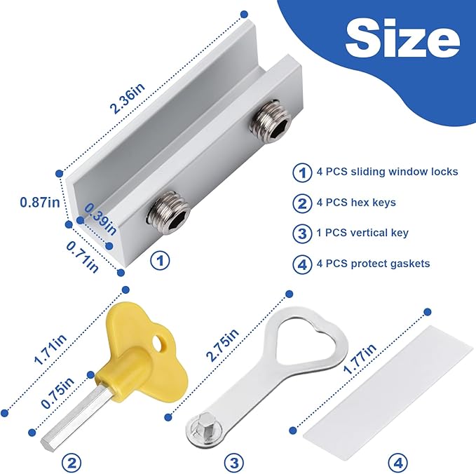 4 Sets Sliding Window Locks for Up and Down Windows with Key, Child Window Security Locks for Vertical & Horizontal Sliding Windows & Doors, Adjustable Easy to Install Window Stoppers Security