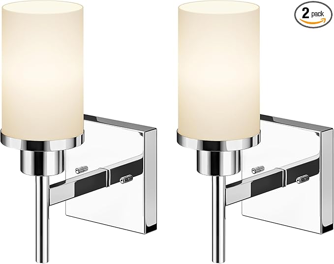 Vanity Lights Polished Chrome Bathroom Light Fixtures with White Frosted Glass Shade, Wall Sconces for Mirror Hallway Entrance, 2 Pack T001CH-L1-P2