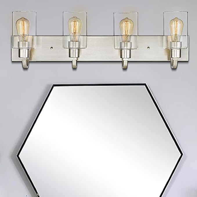Emliviar 4-Light Vanity Light Fixture - Modern Bathroom Lighting Fixture, Brushed Nickel Finish with Clear Glass, YCE237B-4W BN