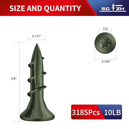 #8 x 5/8" Deck Screws (3185Pcs) 10lb. Exterior Wood Screws. Carbon Steel, Green, Flat Head, Rust Resistant epoxy Coated, with T25 Star Bit