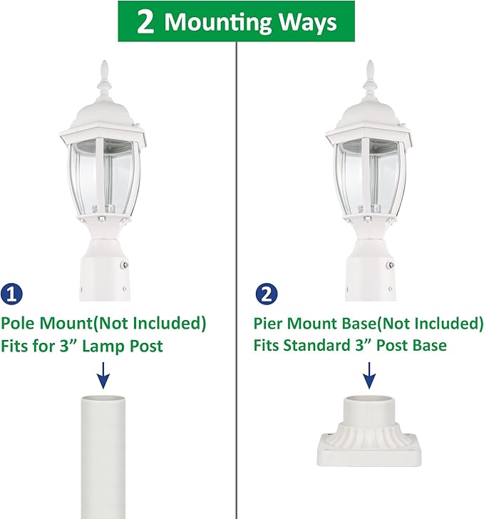 LIT-PaTH Dusk to Dawn Outdoor Post Lighting Fixture Pole Lantern, E26 Medium Base Max 60W, Aluminum Housing Plus Glass, Bulb Not Included (White, 1-Pack)