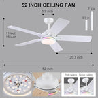 52 Inch Ceiling Fans with Lights and Remote/APP Control, Modern Ceiling Fan with RGB Lights for Bedroom Living Room Patio Porch Outdoor, Reversible Quiet Motor, 5 Wood Blades, White