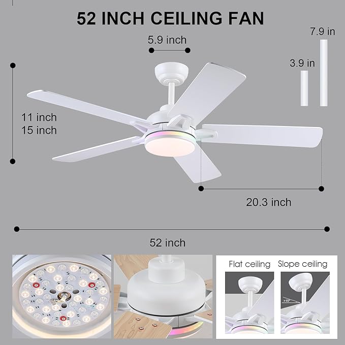 52 Inch Ceiling Fans with Lights and Remote/APP Control, Modern Ceiling Fan with RGB Lights for Bedroom Living Room Patio Porch Outdoor, Reversible Quiet Motor, 5 Wood Blades, White