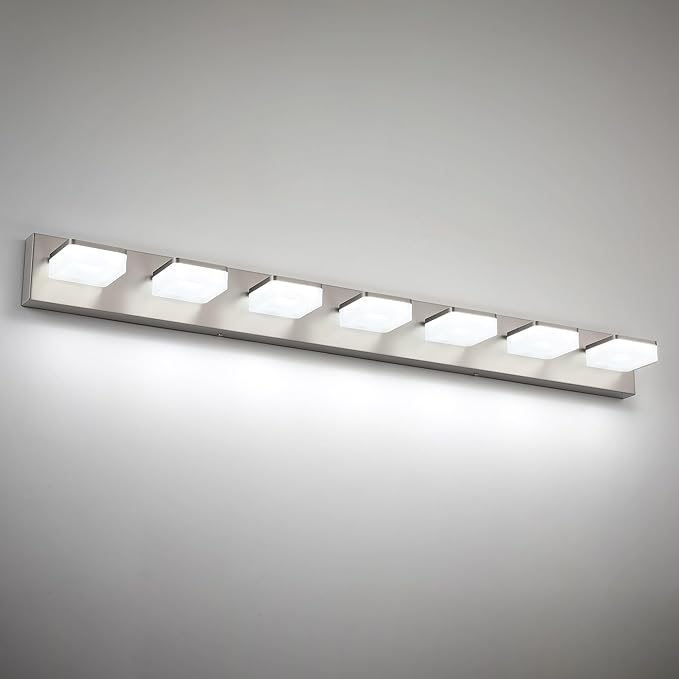 7-Light Bathroom Vanity Light Fixture Over Mirror, Nickel LED Vanity Lighting Fixtures, 45.67 inch Modern Bathroom Wall Light Fixtures with Rotating Lamp Head