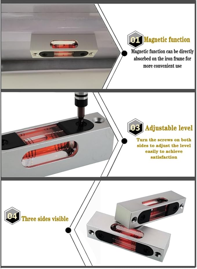Metal high-precision adjustable level, small level bar level, bubble, square three line bubble, magnetic (red （No night light）)