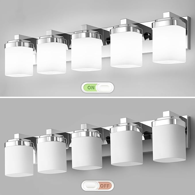 5-Light Bathroom Light Fixtures, Chrome Vanity Lights for Bathroom Mirror Lamp with Milky White Square Glass Shade, E26 Base Modern Wall Sconce Kitchen Light Fixtures Led Vanity