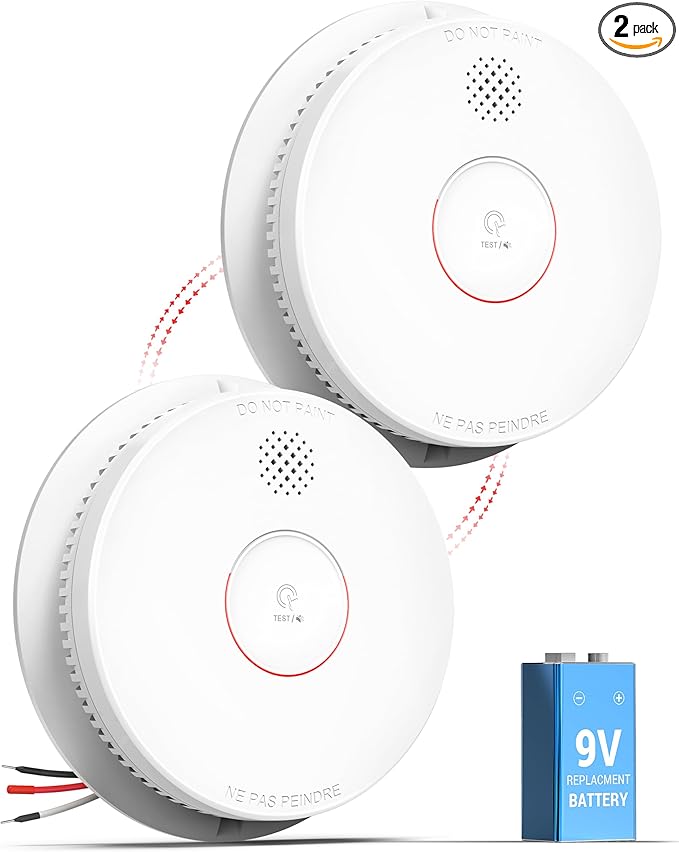 SITERWELL Smoke Detector, Hardwired Interconnected Smoke Detector, Photoelectric Smoke Alarm with 9V Backup Battery, Fire Alarm with Test/Silence Button, UL217-10th Listed, GS562A, 2 Packs