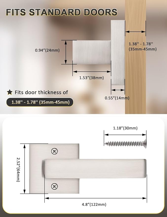 6 Pack Dummy Door Handles Brushed Nickel for Left Hand and Right Hand, Mordern Square Closet Hallway Door Knobs, Non-Turning Single Side Pull
