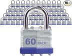 Lock Outdoor Padlocks, Key Lock, Padlocks with Same Key - Laminated Steel Keyed Padlocks with Normal Shackle, 60 Pack, for Hasp Latch, Sheds, Fences, Storage Locker, School, Gym
