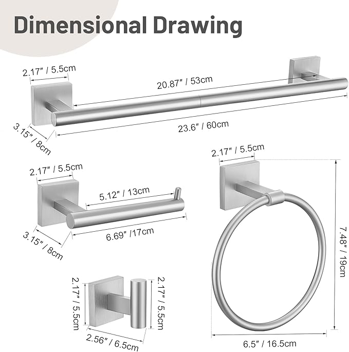 10 Pieces Bathroom Hardware Set Brushed Nickel Towel Bar Set Includes 23.6” Towel Bar, Towel Ring Holder, Toilet Paper Holder and Two Towel Hooks, Bathroom Accessories Set SUS304 Wall Mounted