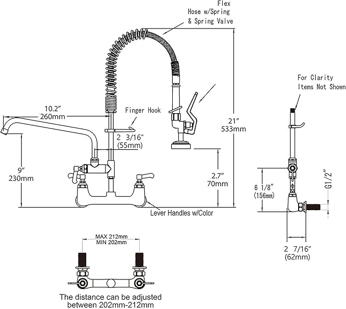 Commercial Faucet with Sprayer 21" Height 8" Center Wall Mount Kitchen Sink Faucet Brass Constructed Polished Chrome Pre-Rinse Device with Spring and 8" Add-on Spout