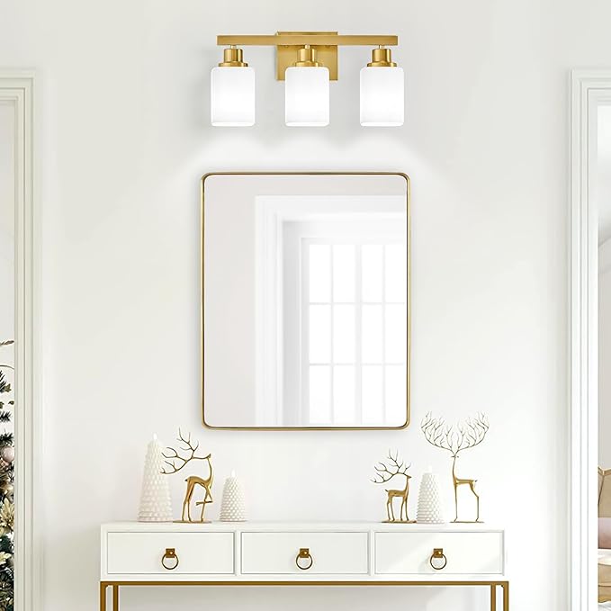 Bathroom Vanity Light,3-Light Gold Modern Bathroom Light Fixtures with Square Frosted Glass,Gold Wall Lamp Sconces for Mirror Bedroom,Living Room Hallway, E26