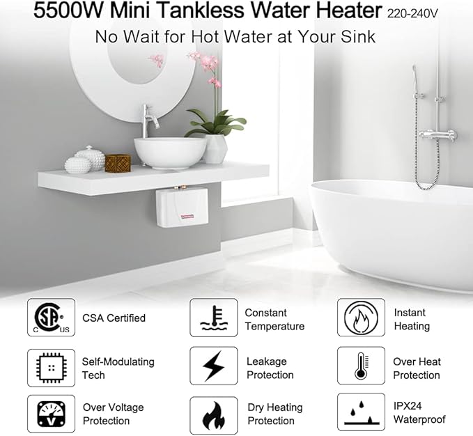 Thermoflow 240V Electric Mini Tankless Water Heater Point of Use On Demand Instant Hot Water Heater for Sinks Wall Mounted, CSA Certified 5.5kW Hard Wired