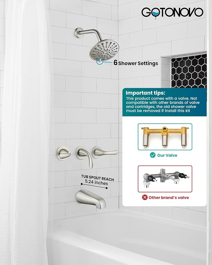 gotonovo 3 Handle Tub Shower Faucet Set, Bathtub Shower Fixture,Bathroom Tub and Shower Faucet Combo Shower System Complete Tub and Shower Trim Kit with 6 Settings Showerhead Brushed Nickel