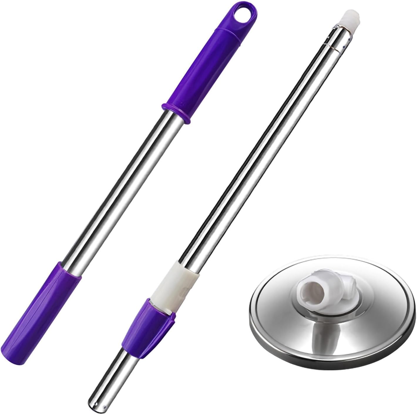 Spin Mop Replacement Mop Handle, 49-inch 360 Degrees Rotating Telescopic Replacement Mop Stick with Stainless Steel Disc for Spin Mop Bucket Cleaning System (Stainless Steel Disc, Purple)