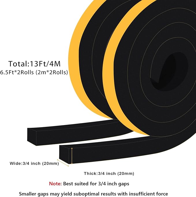 Weather Stripping Door Seal Strip, Strong Adhesive Doors and Windows Insulation Soundproof Weatherproof Foam Tape for Sliding Door, Front Door Frame, Window, Lightproof(3/4 In x 3/4 In x 13Ft)
