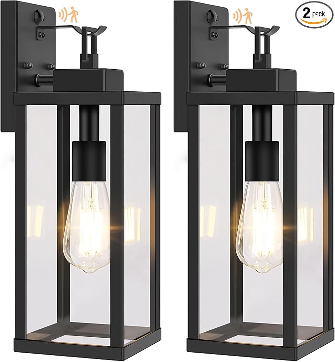 BesLowe 16” Upgraded Motion Sensor Outdoor Wall Lights, Dusk to Dawn Porch Lights Outdoor Wall Sconces, 3 Lighting Modes Exterior Lighting Fixtures with Hooks, Black Outside Lights for House, 2-Pack