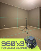 LasGoo LG-3D Laser Level Self Leveling 3x360°, 3D Green Beam Cross Line Laser for Construction and Picture Hanging, 2 Rechargeable Batteries (20 Hrs), Magnetic Liftable Stand Included, Green