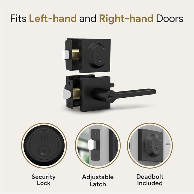 Mega Handles Prime Entrance Combo, Entry Lever Door Handle and Single Cylinder Deadbolt Lock and Key Combo Pack, Heavy Duty Square Locking Door Levers Set for Left or Right-Handed Doors - Matte Black