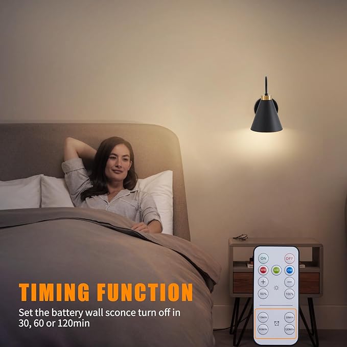 Vintage Cordless Gooseneck Battery Operated Wall Sconces Set of 2, Black Bedside Battery Powered Wall Decor Lamps with Remote Control, Wireless Indoor LED Lights Fixture for Bedroom Hallway