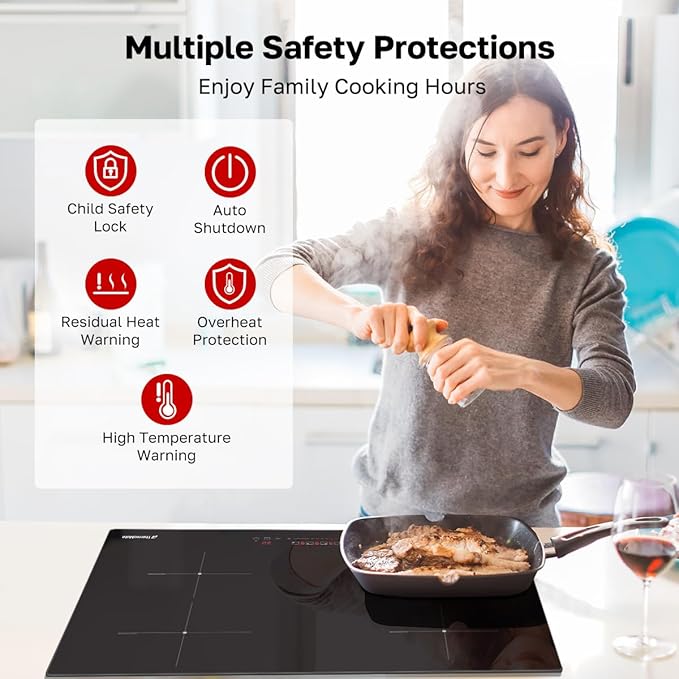 ThermoMate 30 Inch Induction Cooktop, 7200W Built in Induction Stove Top, Electric Cooktop with 4 Boost Burner, 9 Heating Level, Timer & Child Safety Lock, Sensor Touch Control, 240V