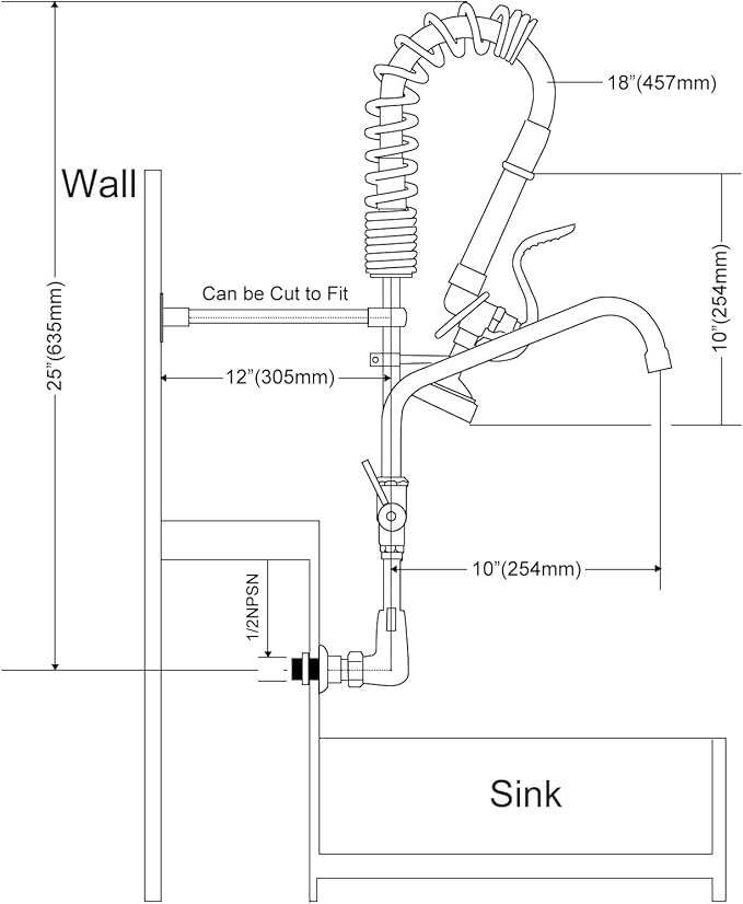 Commercial Faucet with Sprayer 25" Height 8" Adjustable Center 10" Swing Spout,Brass Constructed Wall Mount Kitchen Sink Faucet with Pull Down Pre-Rinse Sprayer for 1/2/3 Compartment Sink