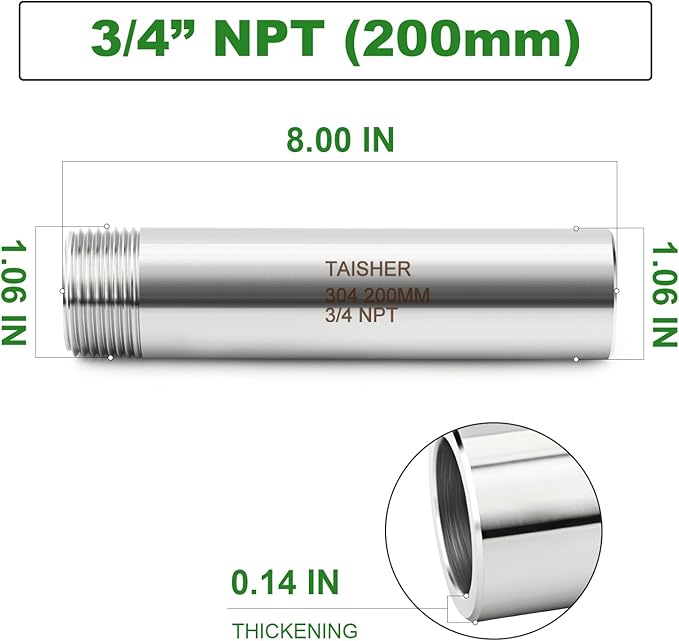 TAISHER 2PCS 304 Stainless Steel Pipe Fittings, 3/4" NPT Male Threaded, 8" Length Weld Nipple Cast Pipe