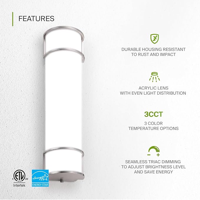 ASD LED 24" Vanity Flush Mount Light Fixture, Linear Bathroom Lighting Bar | 3CCT, Dimmable, Energy Star, ETL Listed | 25W 1950LM 3000-5000K 120V | Long Bath Wall Sconce Over Mirror | Nickel, 2 Pack