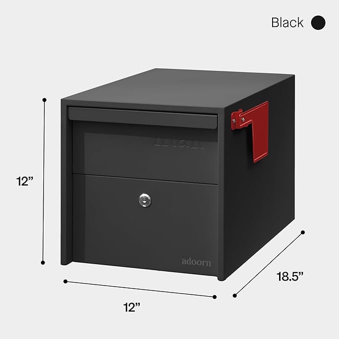 Adoorn Lockable Post Mount Mailbox | Small (Black), Size 12 x 12 x 18.5 (HxWxD) Anti-Theft Locking Mailbox with 2 Keys, Modern Mailbox with Flag, Weatherproof Mailboxes for Outside