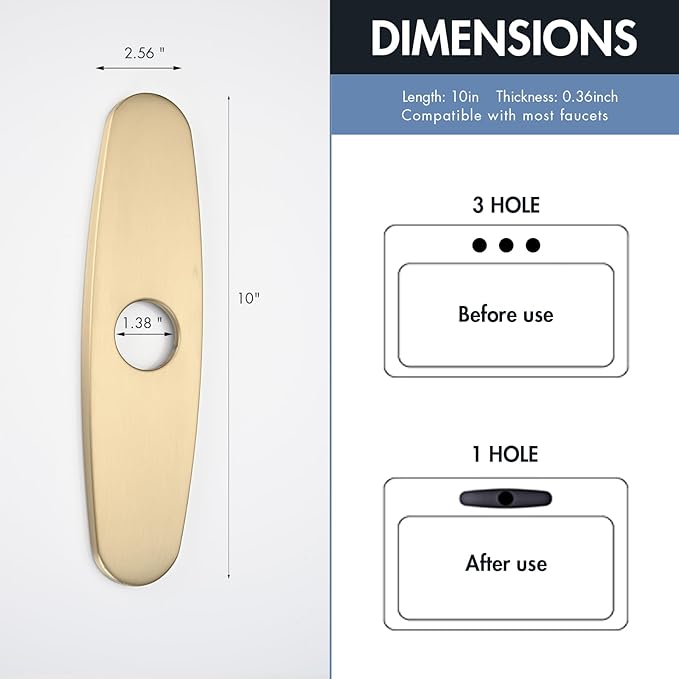 Faucet Cover Plate, Stainless Steel Deck Plate for Kitchen Sink Faucet Single Hole or Bathroom Faucet 1-3 Hole Faucet Hole Cover Round 10 Inch (Brushed Gold)